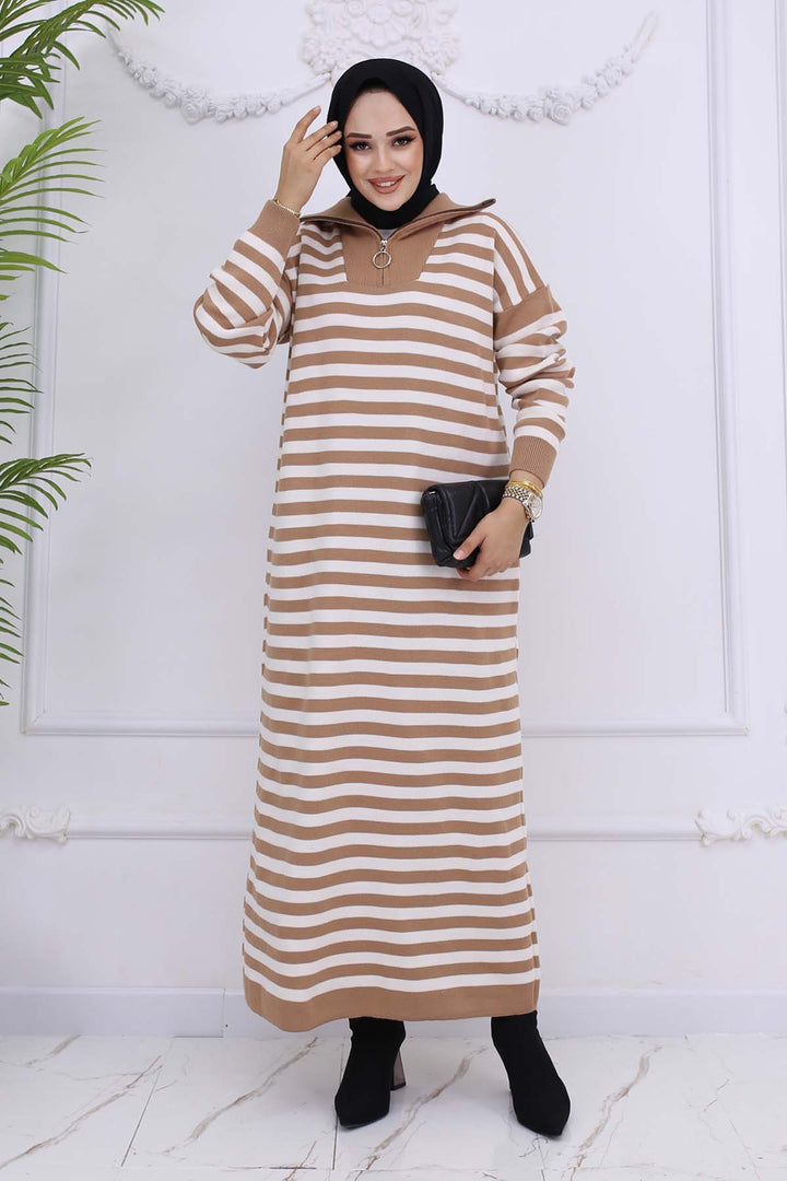BNG Women Fisherman Collar Striped Knit Dress Mink 3058 - Modugno