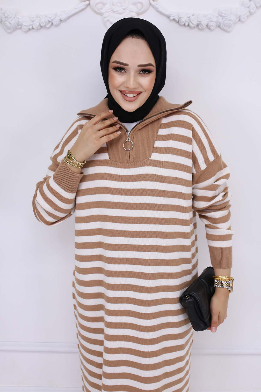 BNG Women Fisherman Collar Striped Knit Dress Mink 3058 - Modugno