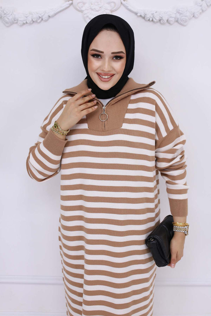 BNG Women Fisherman Collar Striped Knit Dress Mink 3058 - Modugno