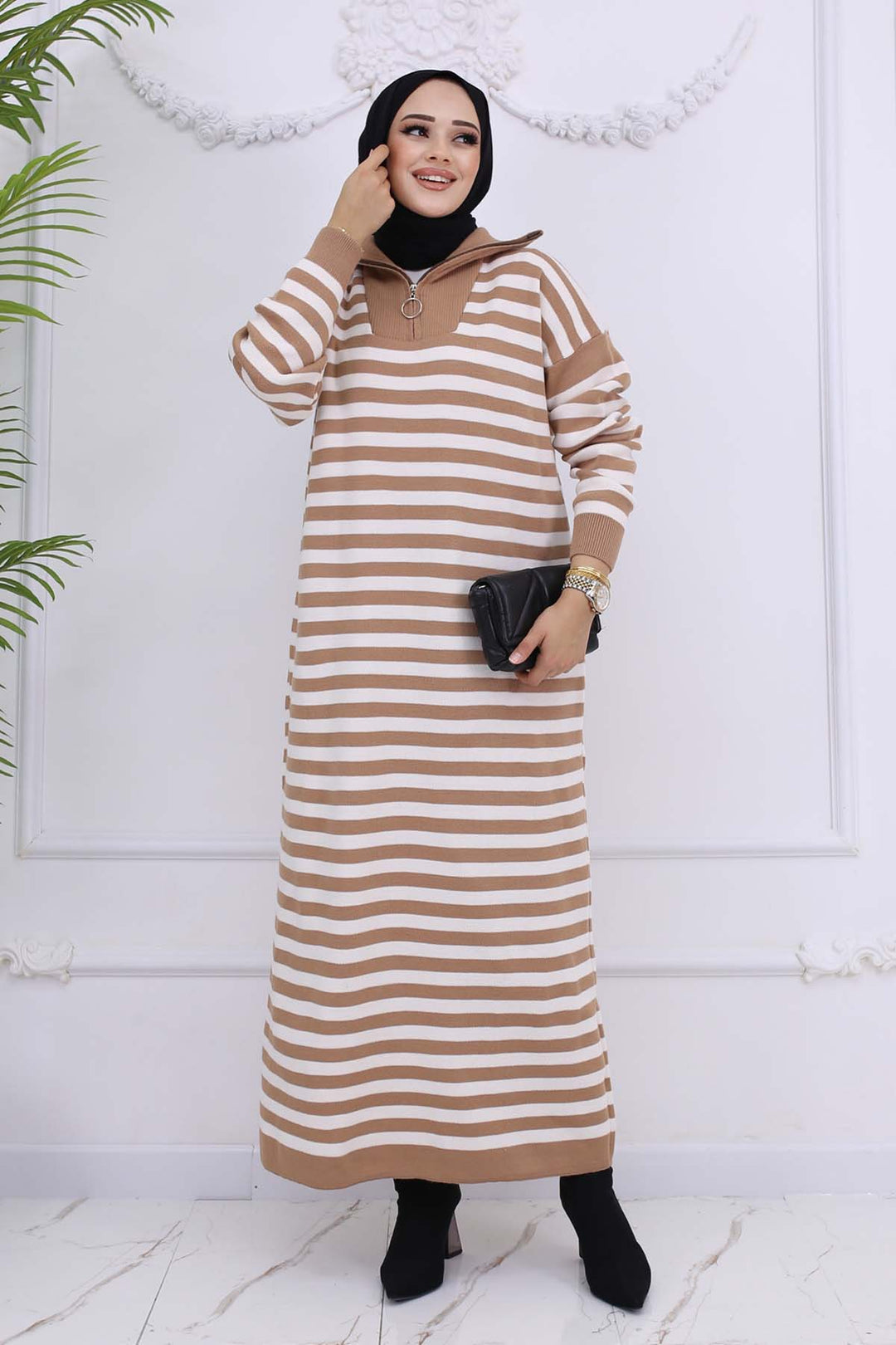 BNG Women Fisherman Collar Striped Knit Dress Mink 3058 - Modugno