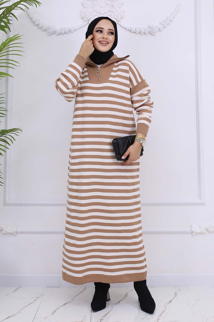 BNG Women Fisherman Collar Striped Knit Dress Mink 3058 - Modugno