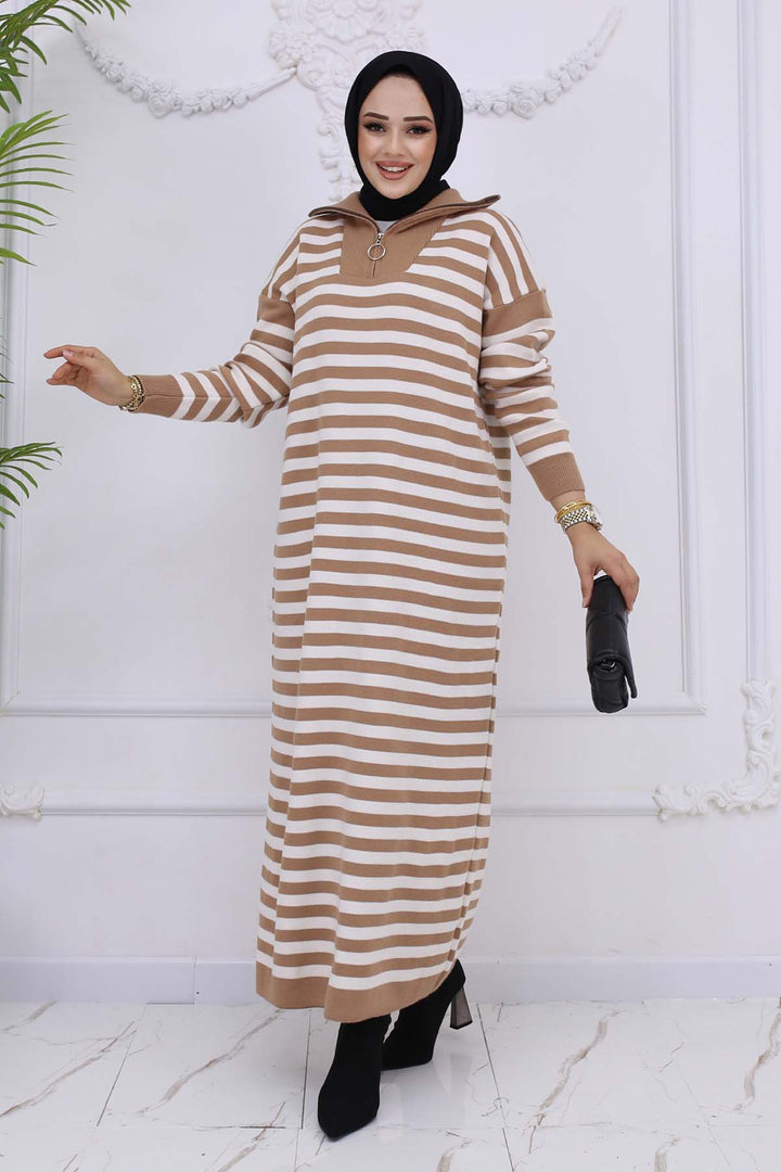 BNG Women Fisherman Collar Striped Knit Dress Mink 3058 - Modugno