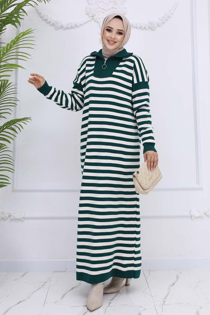 BNG Women Fisherman Collar Striped Knit Dress Emerald Green 3058 - La Rochelle