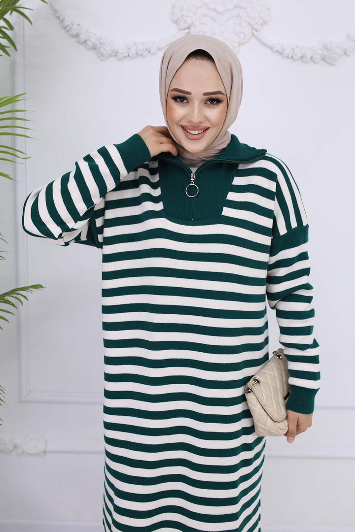 BNG Women Fisherman Collar Striped Knit Dress Emerald Green 3058 - La Rochelle