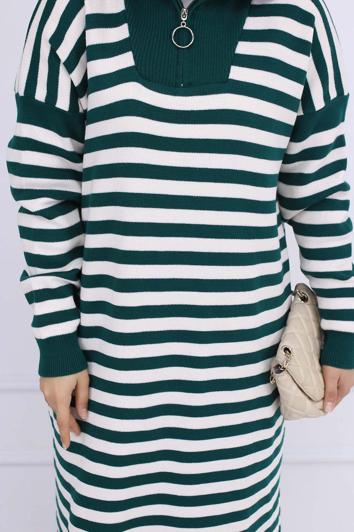 BNG Women Fisherman Collar Striped Knit Dress Emerald Green 3058 - La Rochelle