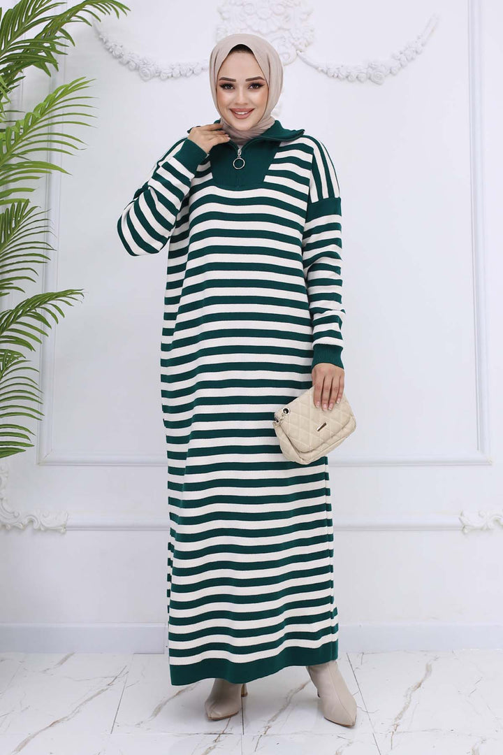 BNG Women Fisherman Collar Striped Knit Dress Emerald Green 3058 - La Rochelle