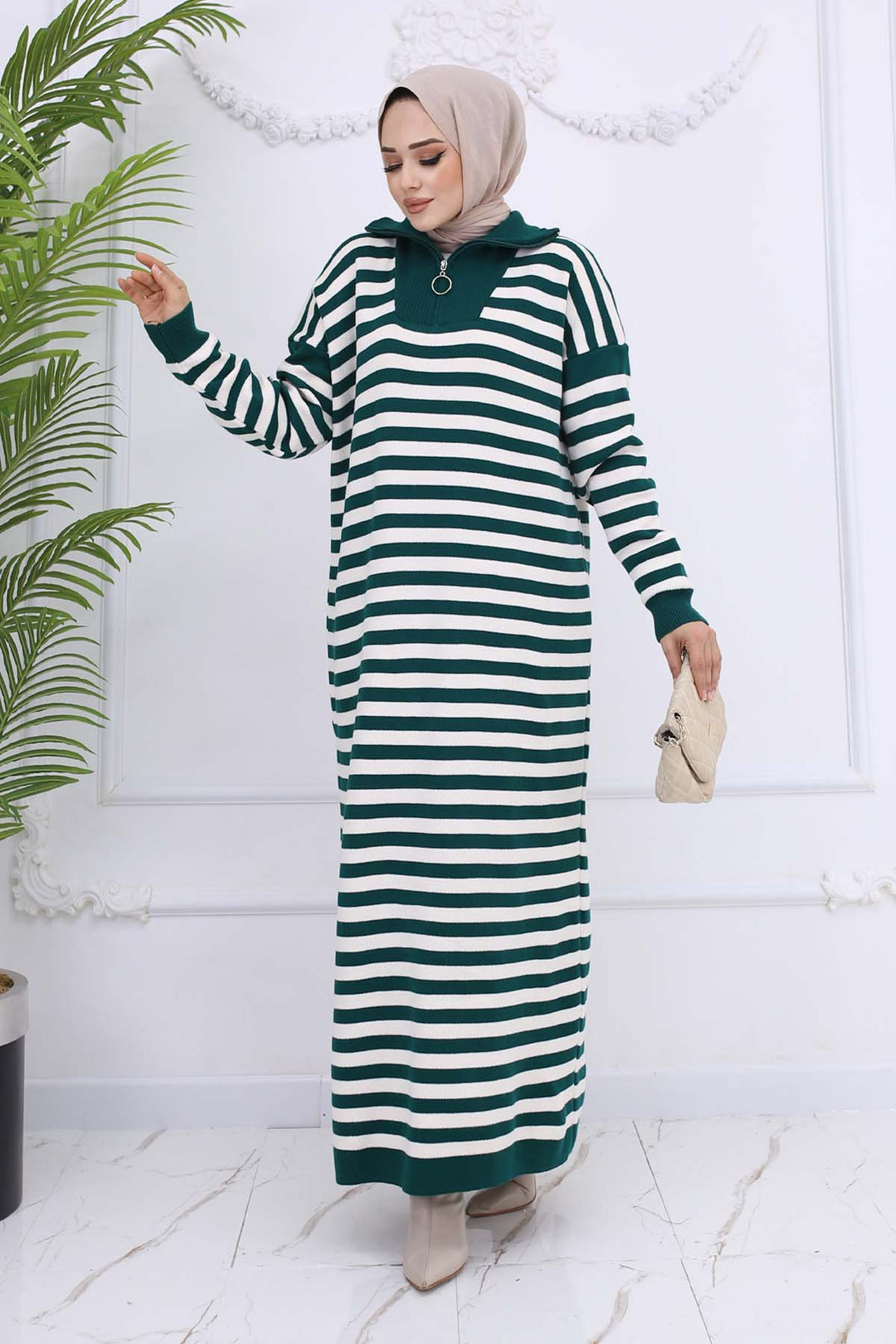 BNG Women Fisherman Collar Striped Knit Dress Emerald Green 3058 - La Rochelle