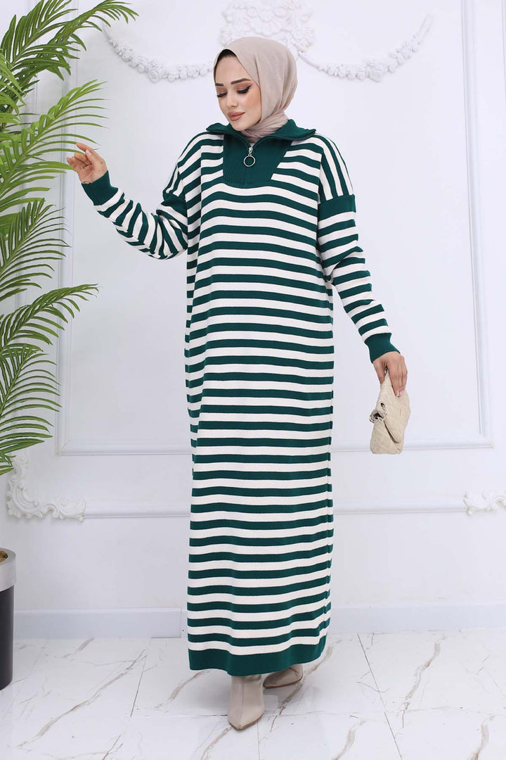 BNG Women Fisherman Collar Striped Knit Dress Emerald Green 3058 - La Rochelle