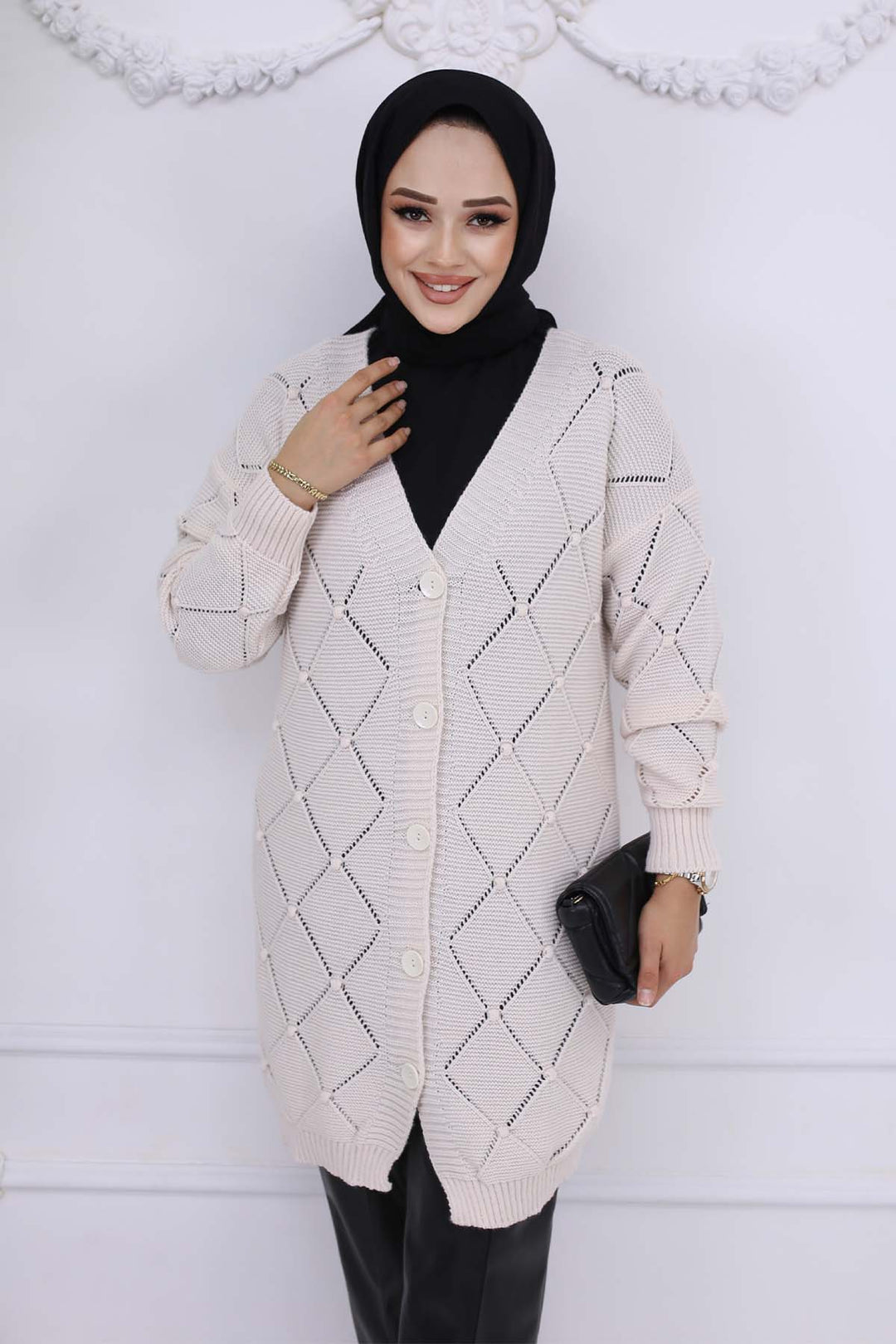 BNG Women Cardigan with Baklava Pattern Stone Color 409 - Heroica Matamoros