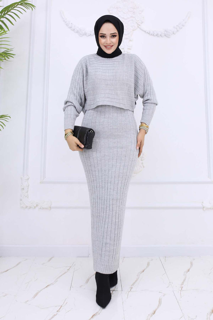 BNG Women Fitilli Jile Triko Takım Gri 4045 - Mons