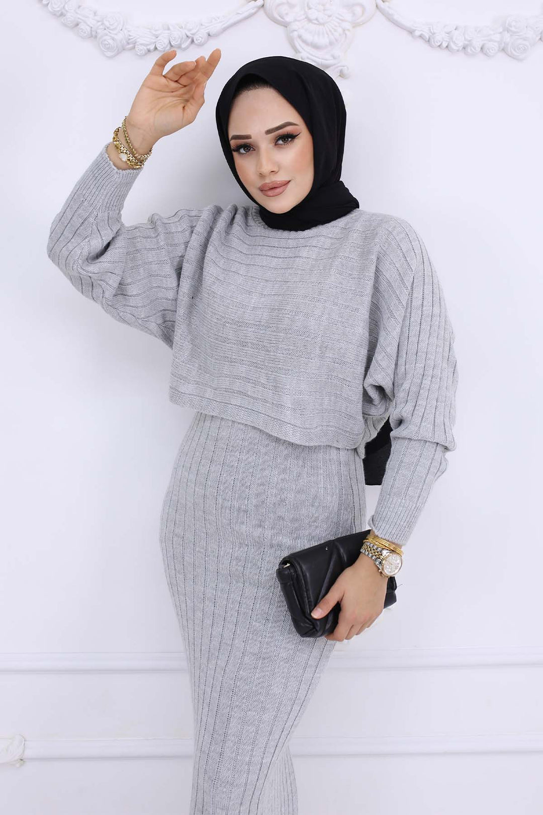 BNG Women Fitilli Jile Triko Takım Gri 4045 - Mons