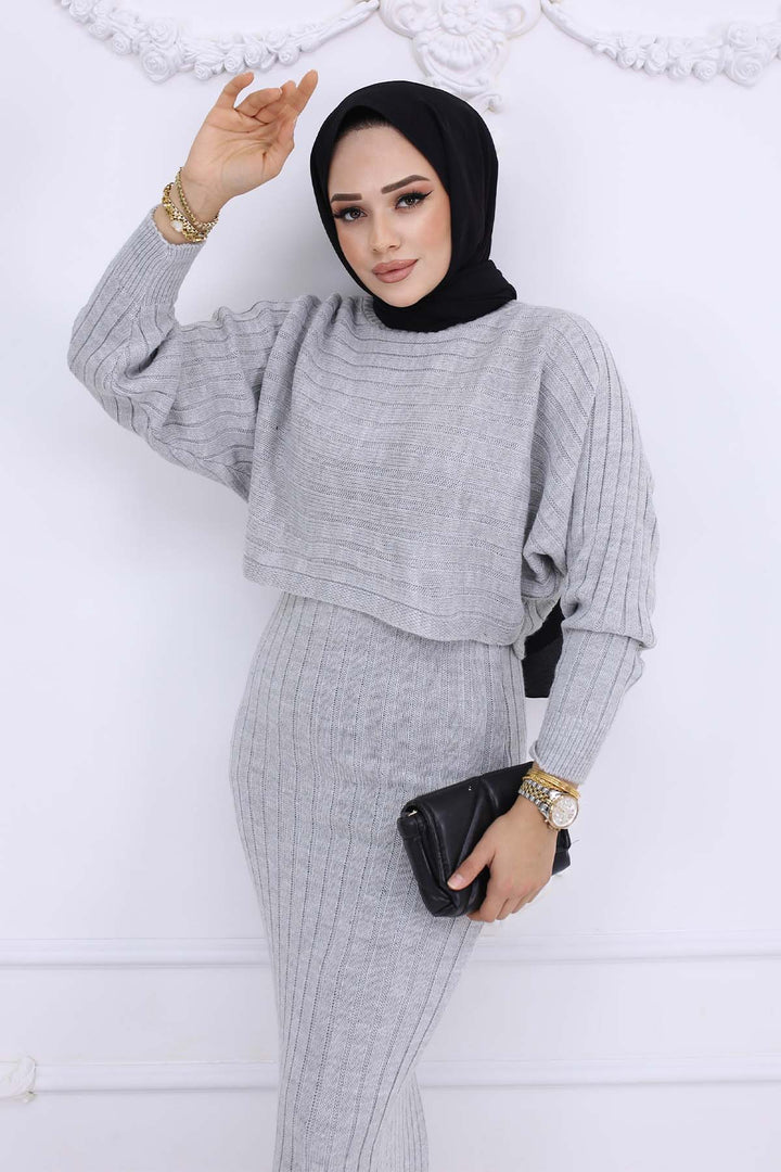 BNG Women Fitilli Jile Triko Takım Gri 4045 - Mons