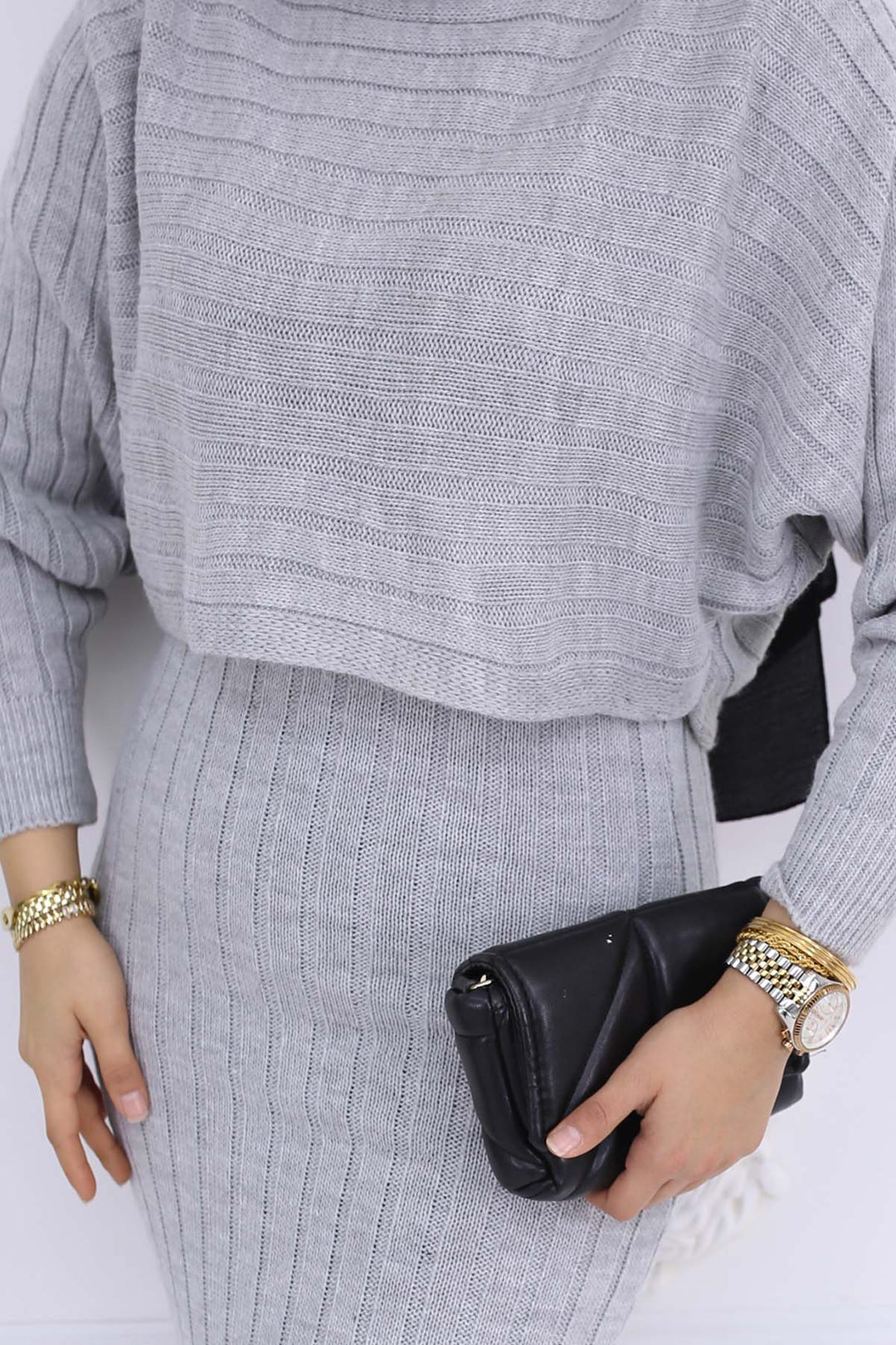 BNG Women Fitilli Jile Triko Takım Gri 4045 - Mons