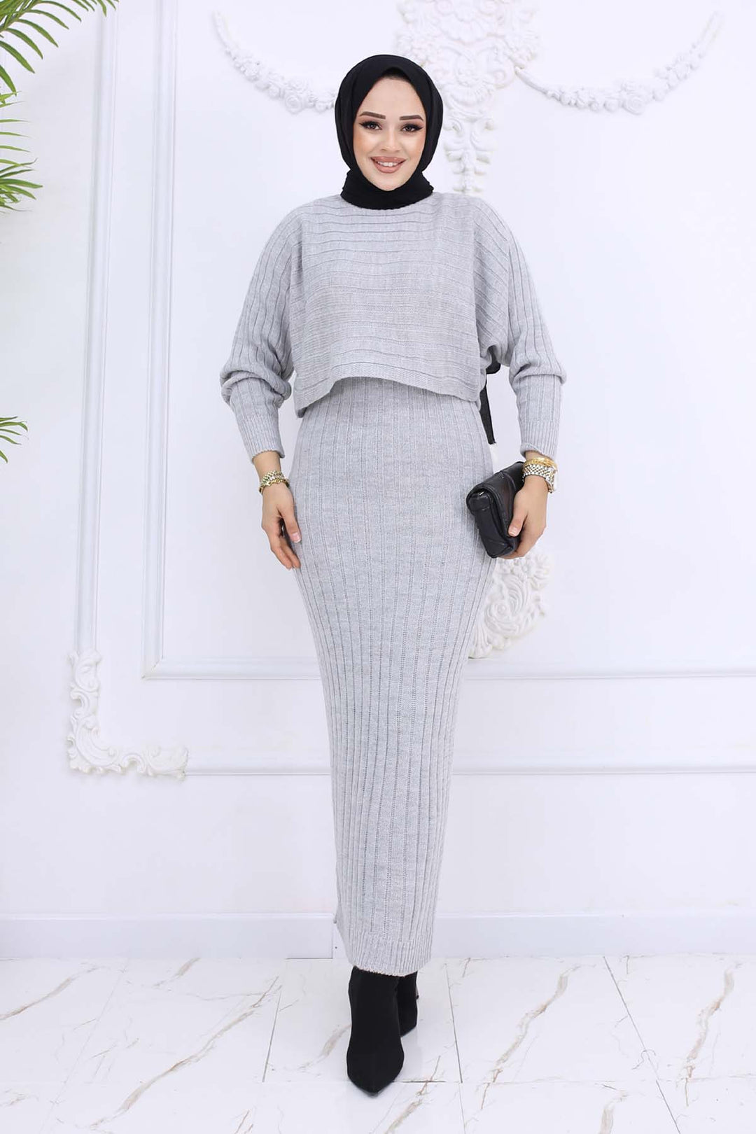 BNG Women Fitilli Jile Triko Takım Gri 4045 - Mons