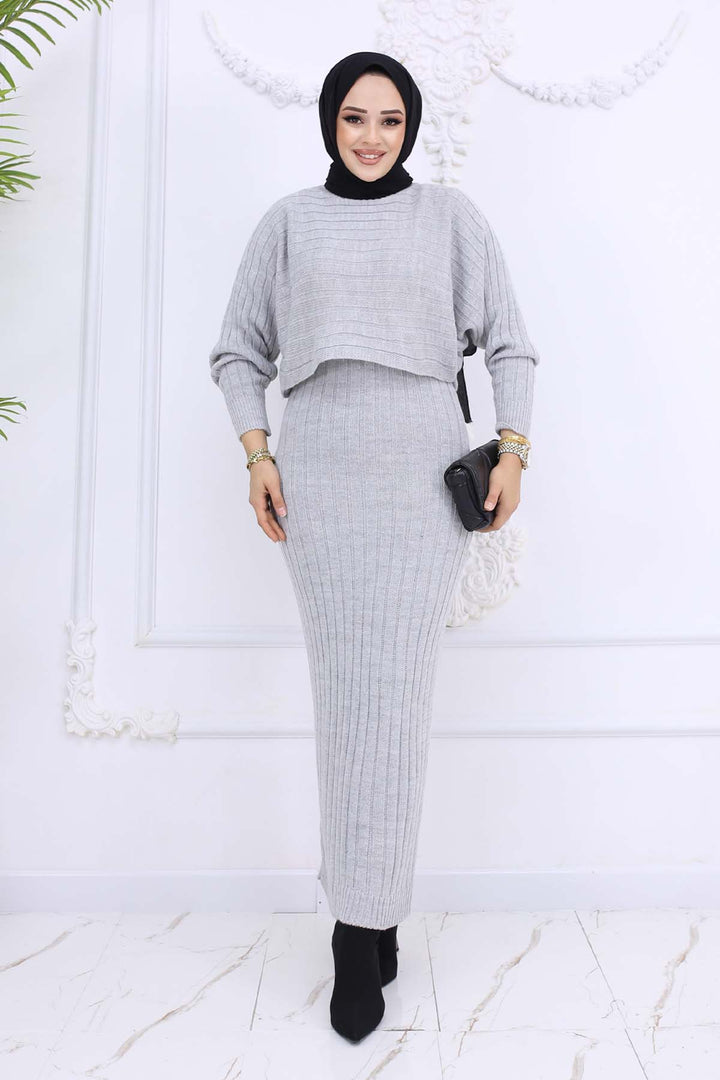 BNG Women Fitilli Jile Triko Takım Gri 4045 - Mons