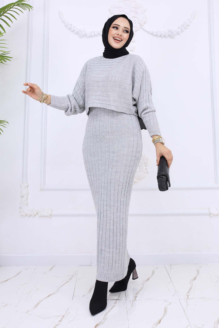 BNG Women Fitilli Jile Triko Takım Gri 4045 - Mons