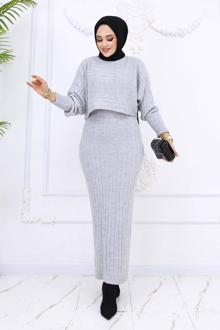 BNG Women Fitilli Jile Triko Takım Gri 4045 - Mons