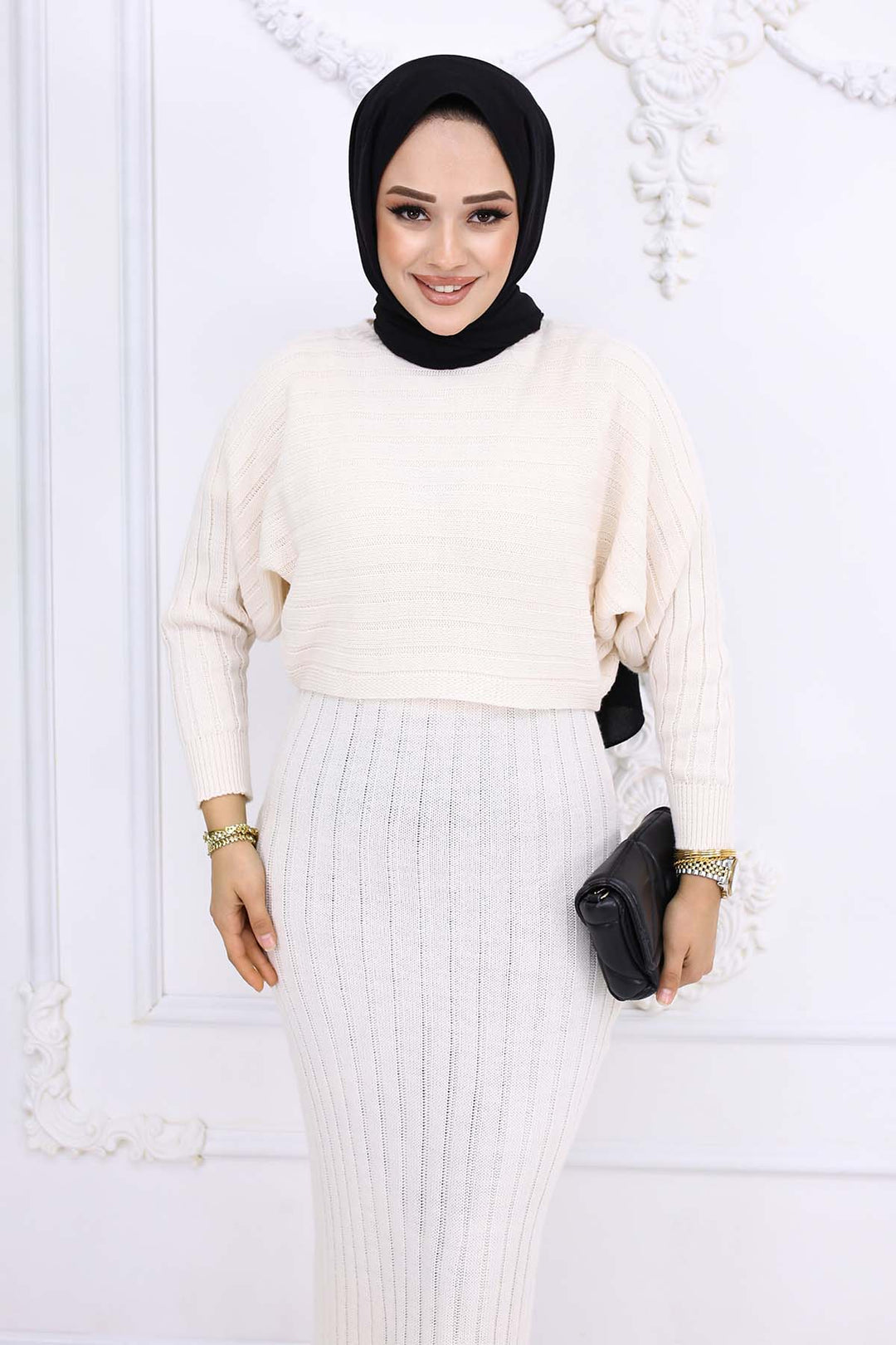 BNG Women Fitilli Jile Triko Takım Taş Rengi 4045 - Apan