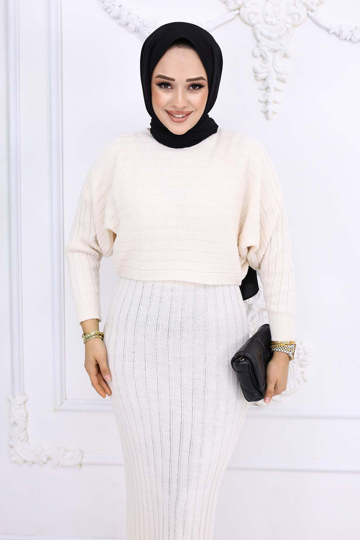 BNG Women Fitilli Jile Triko Takım Taş Rengi 4045 - Apan