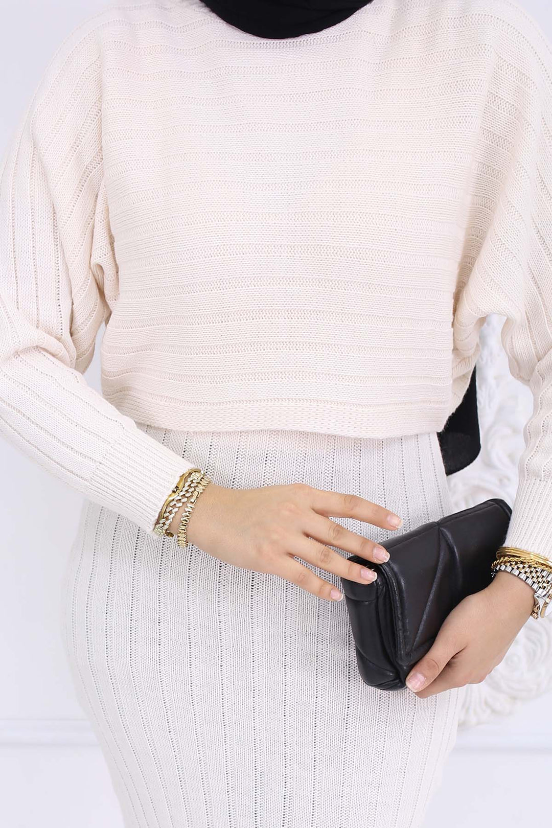 BNG Women Fitilli Jile Triko Takım Taş Rengi 4045 - Apan