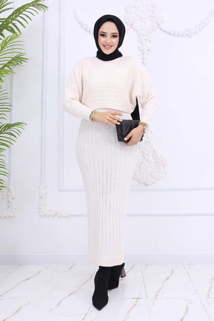 BNG Women Fitilli Jile Triko Takım Taş Rengi 4045 - Apan