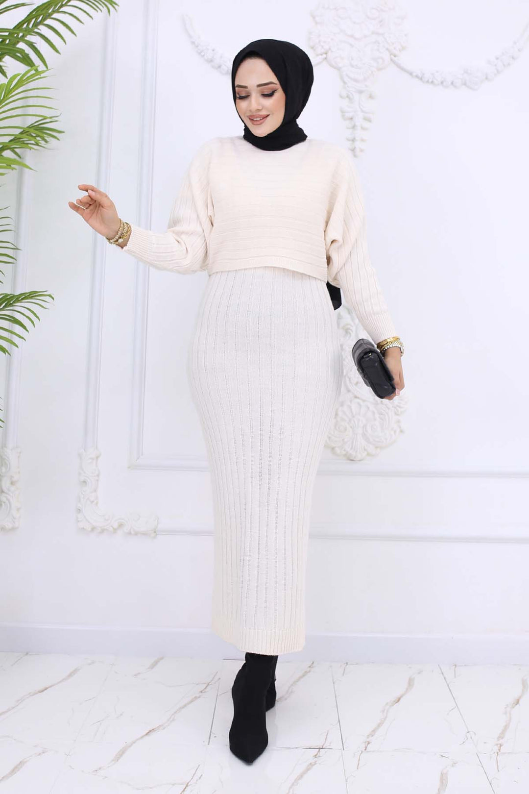 BNG Women Fitilli Jile Triko Takım Taş Rengi 4045 - Apan