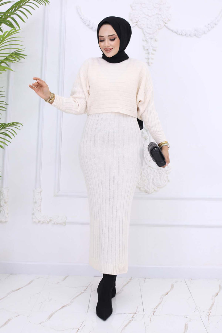 BNG Women Fitilli Jile Triko Takım Taş Rengi 4045 - Apan