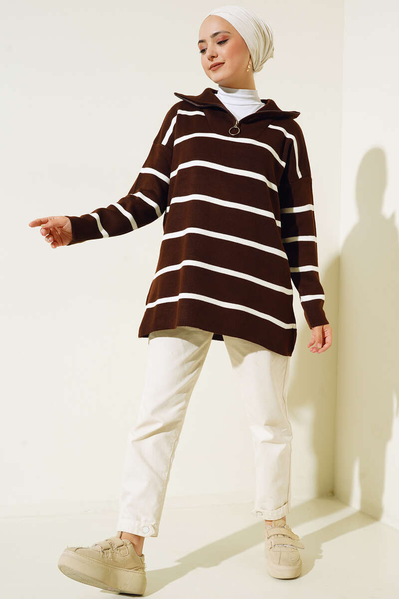 BNG Women Brown Striped Tunic with Collar Zipper - Clermont