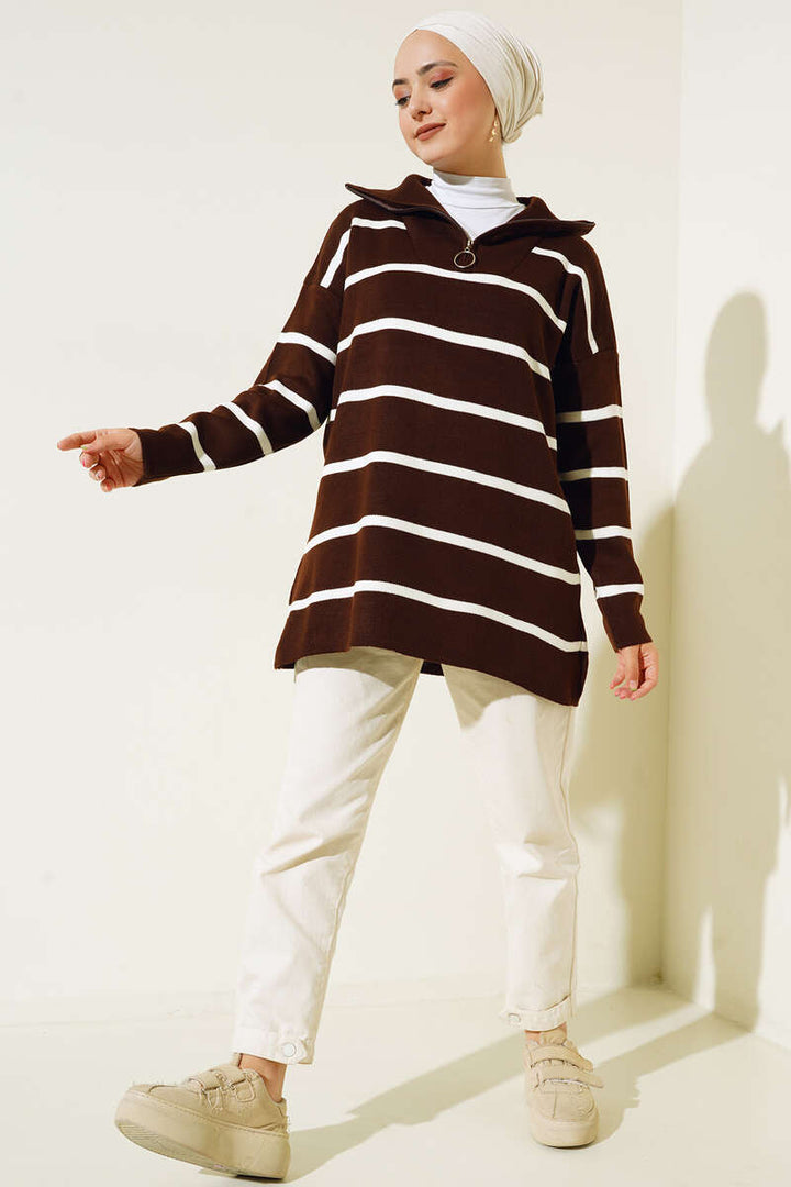 BNG Women Brown Striped Tunic with Collar Zipper - Clermont