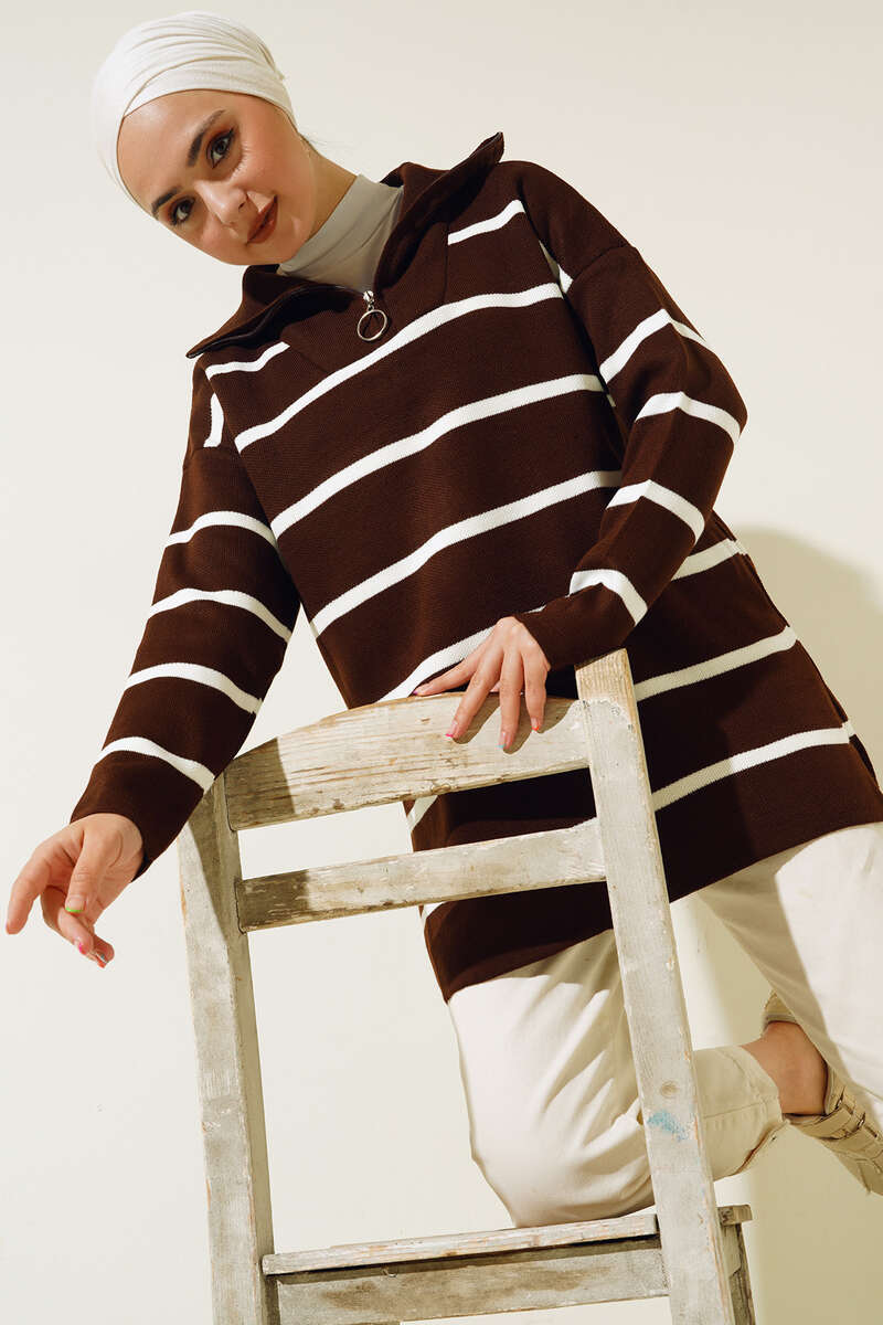 BNG Women Brown Striped Tunic with Collar Zipper - Clermont