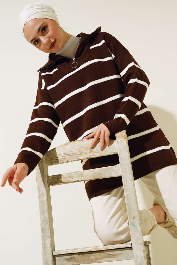BNG Women Brown Striped Tunic with Collar Zipper - Clermont