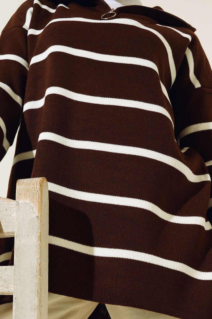 BNG Women Brown Striped Tunic with Collar Zipper - Clermont