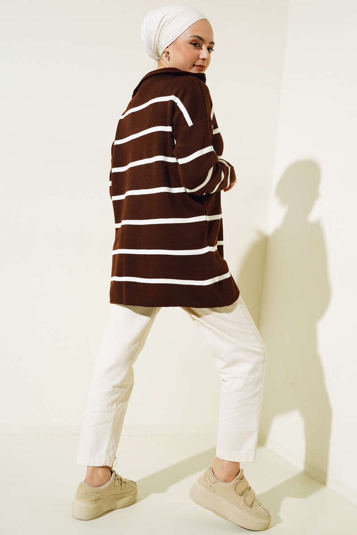 BNG Women Brown Striped Tunic with Collar Zipper - Clermont