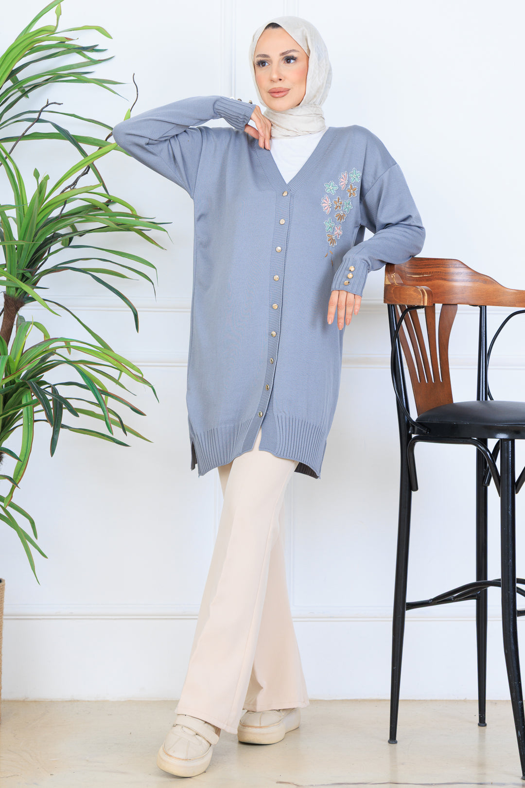 BNG Women Embroidered Beaded Mercerized Cardigan with Embroidery Detail N3280 Gray - Orland Park