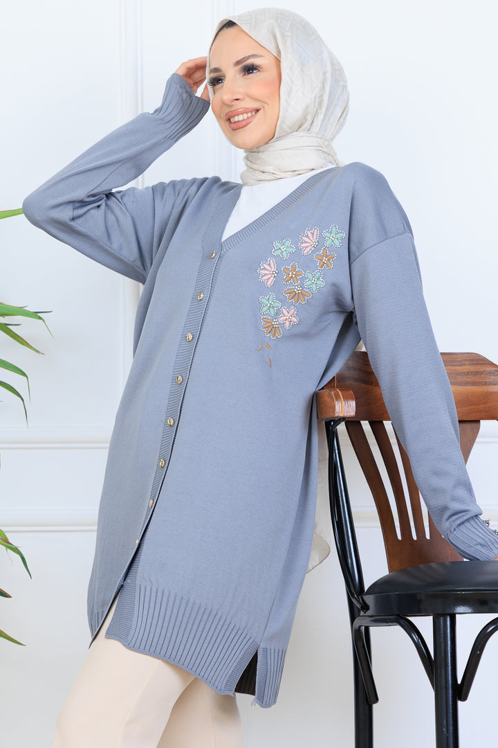 BNG Women Embroidered Beaded Mercerized Cardigan with Embroidery Detail N3280 Gray - Orland Park