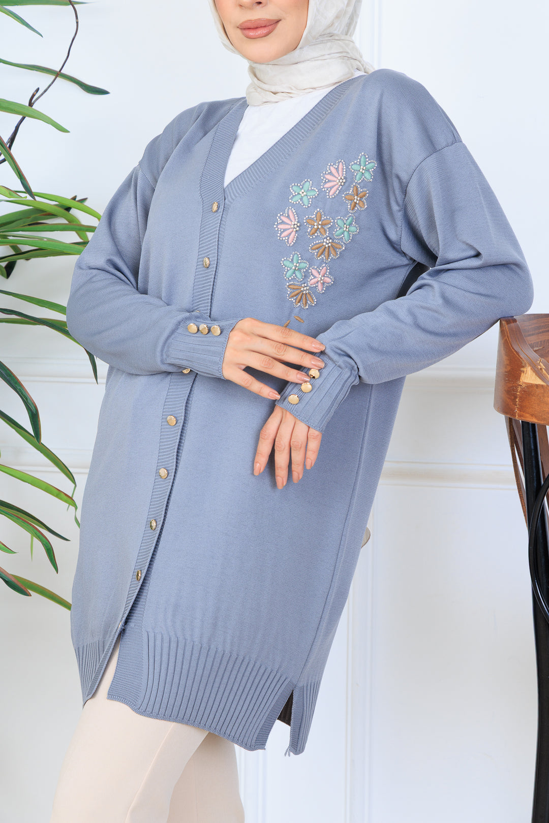 BNG Women Embroidered Beaded Mercerized Cardigan with Embroidery Detail N3280 Gray - Orland Park