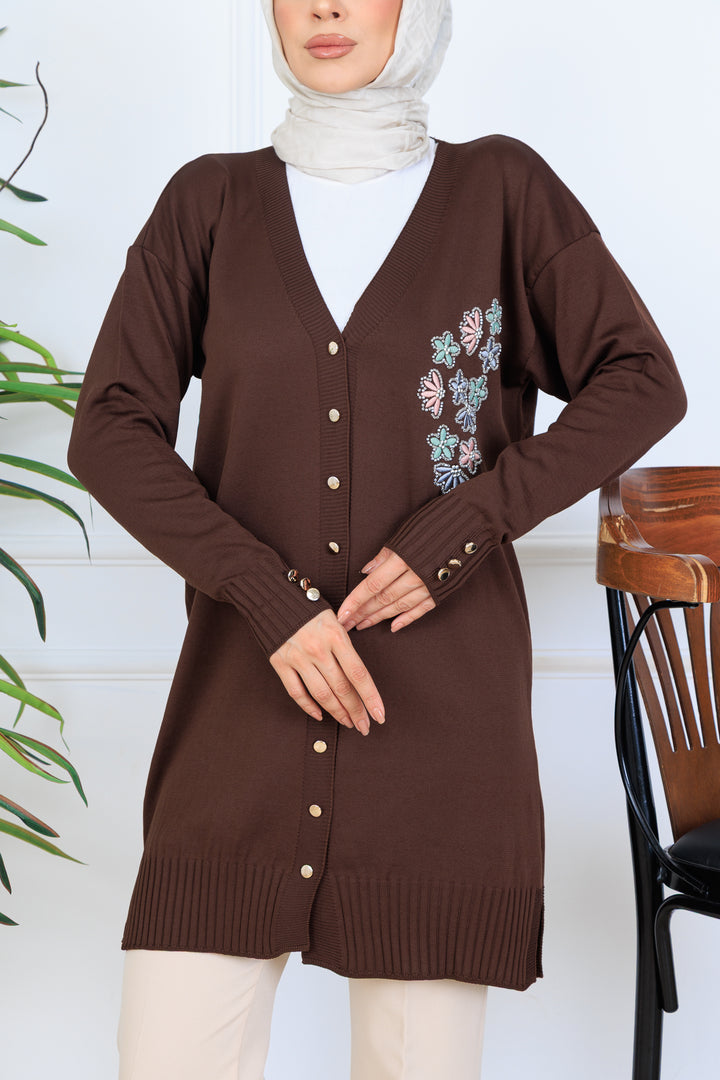 BNG Women Nakış Detaylı Boncuk İşlemeli Merserize Hırka N3280 Kahverengi - Santa Clara del Cobre