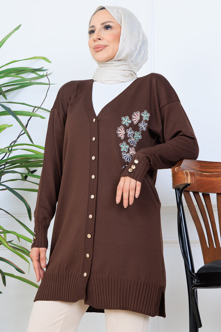 BNG Women Nakış Detaylı Boncuk İşlemeli Merserize Hırka N3280 Kahverengi - Santa Clara del Cobre