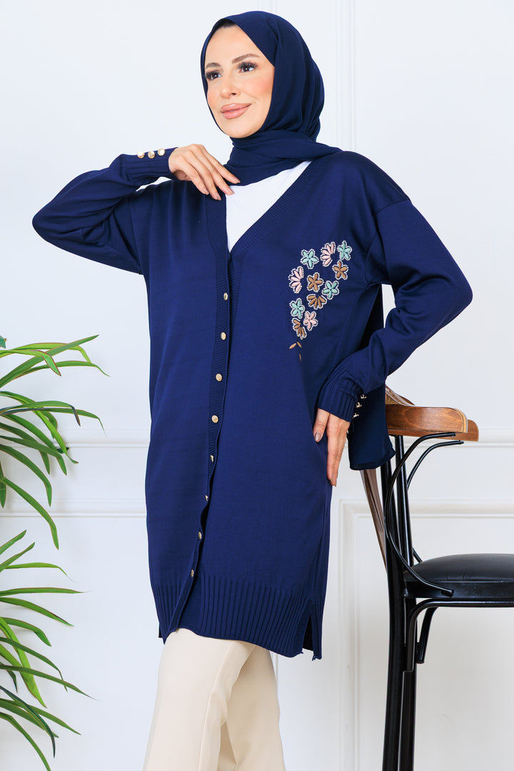 BNG Women Nakış Detaylı Boncuk İşlemeli Merserize Hırka N3280 Lacivert - Colmar