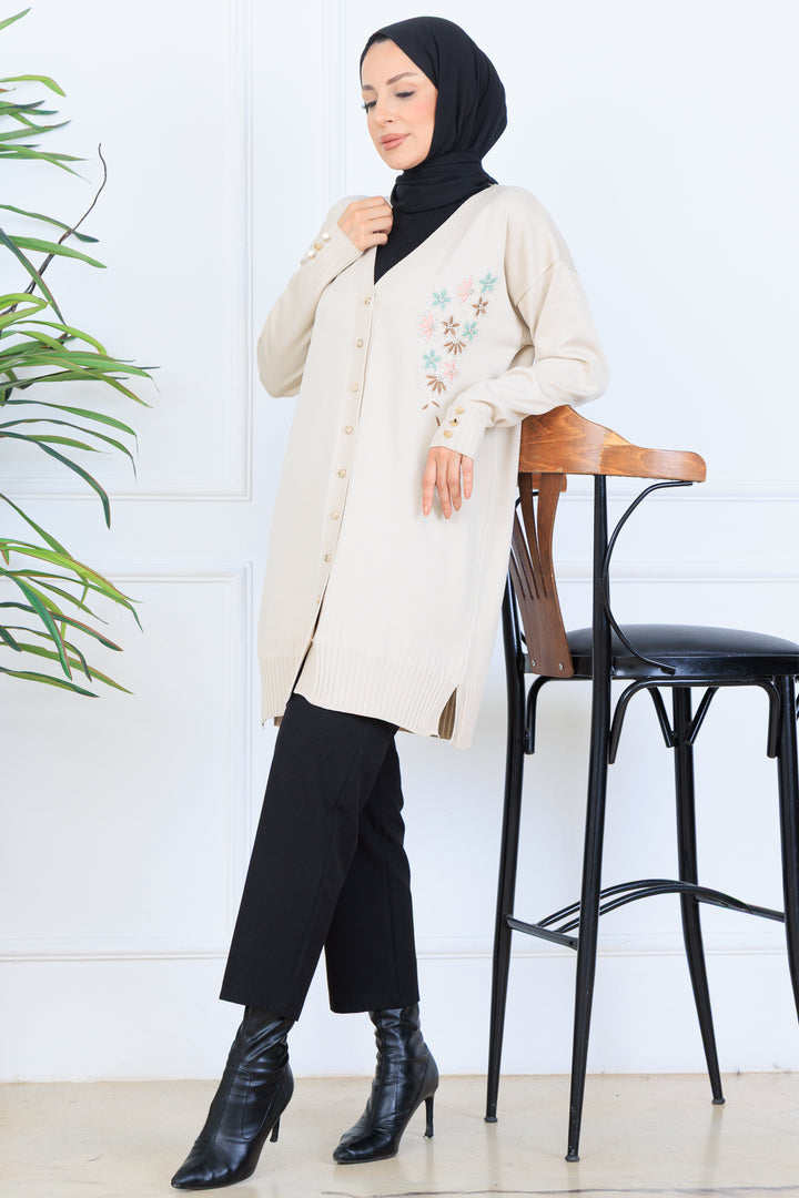 BNG Women Embroidered Beaded Mercerized Cardigan with Embroidery Detail N3280 Stone Color - Columbia