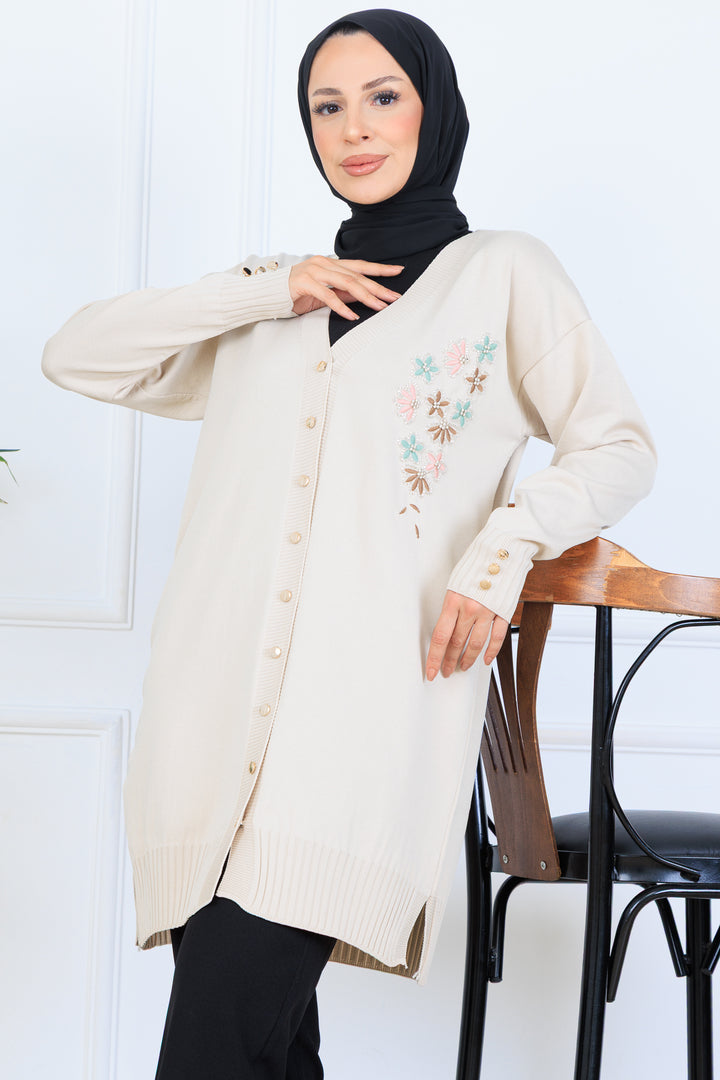 BNG Women Embroidered Beaded Mercerized Cardigan with Embroidery Detail N3280 Stone Color - Columbia