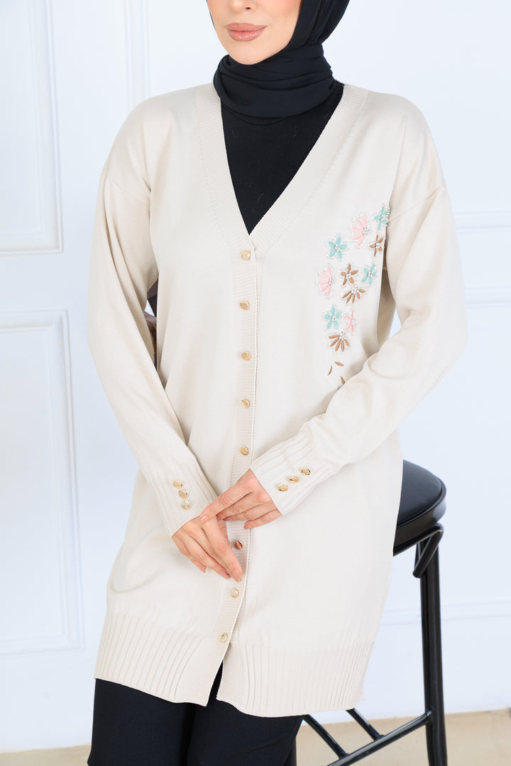 BNG Women Embroidered Beaded Mercerized Cardigan with Embroidery Detail N3280 Stone Color - Columbia