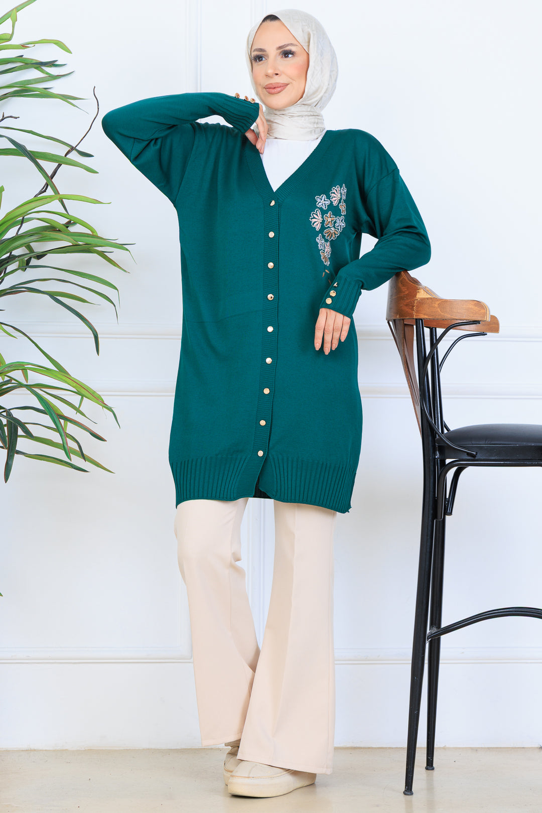 BNG Women Nakış Detaylı Boncuk İşlemeli Merserize Hırka N3280 Zümrüt Yeşili - Fushë Kosovë