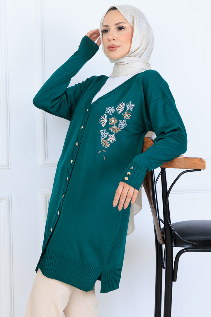 BNG Women Nakış Detaylı Boncuk İşlemeli Merserize Hırka N3280 Zümrüt Yeşili - Fushë Kosovë