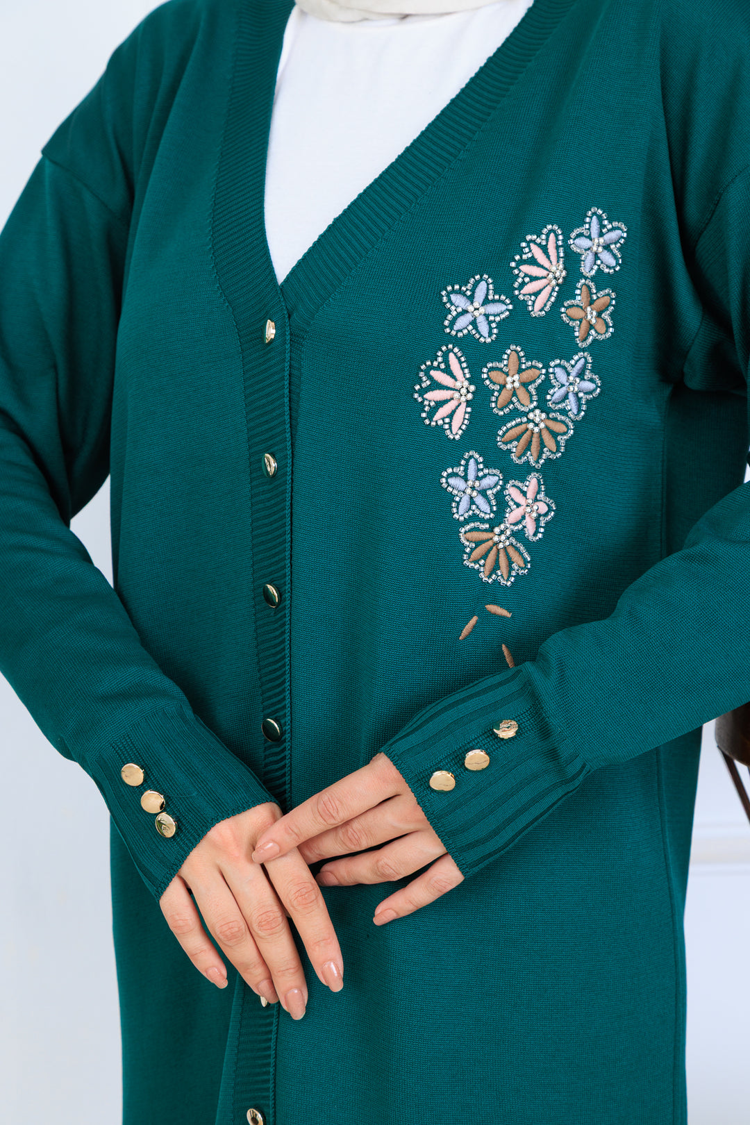 BNG Women Nakış Detaylı Boncuk İşlemeli Merserize Hırka N3280 Zümrüt Yeşili - Fushë Kosovë