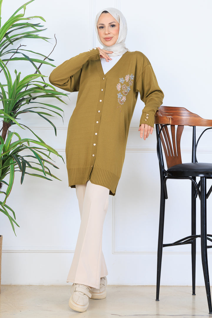 BNG Women Nakış Detaylı Boncuk İşlemeli Merserize Hırka N3280 Yağ Yeşili - Columbus