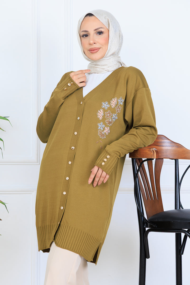 BNG Women Nakış Detaylı Boncuk İşlemeli Merserize Hırka N3280 Yağ Yeşili - Columbus