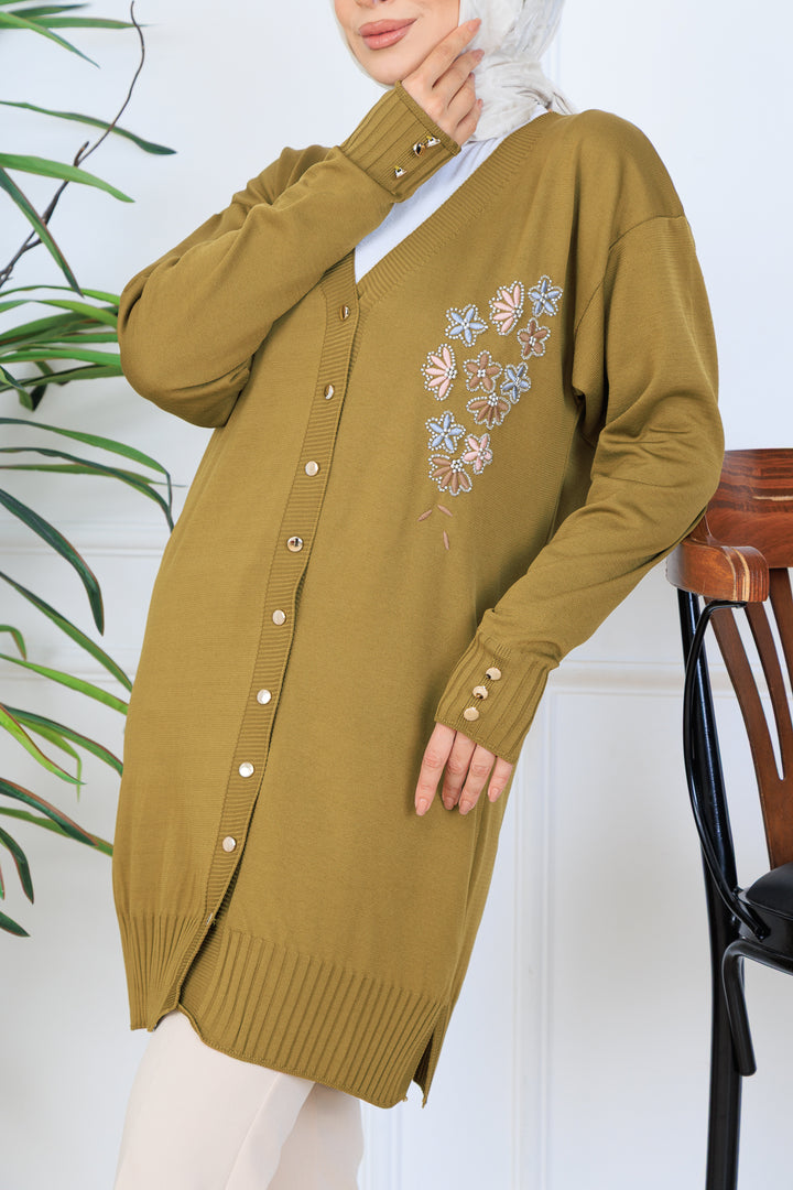 BNG Women Nakış Detaylı Boncuk İşlemeli Merserize Hırka N3280 Yağ Yeşili - Columbus