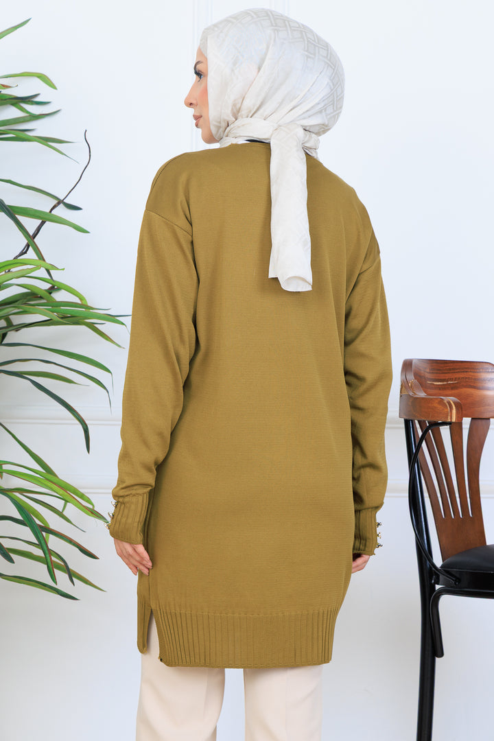 BNG Women Nakış Detaylı Boncuk İşlemeli Merserize Hırka N3280 Yağ Yeşili - Columbus