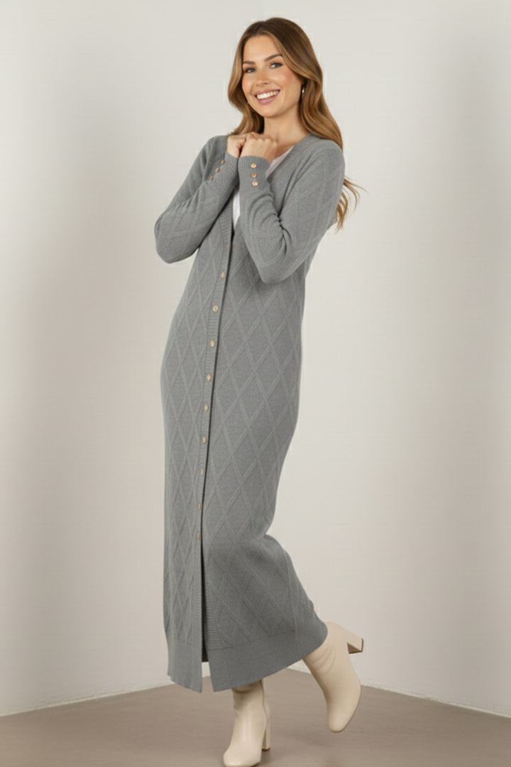 BNG Women Desenli Uzun Merserize Hırka N3295 Gri - Northbrook